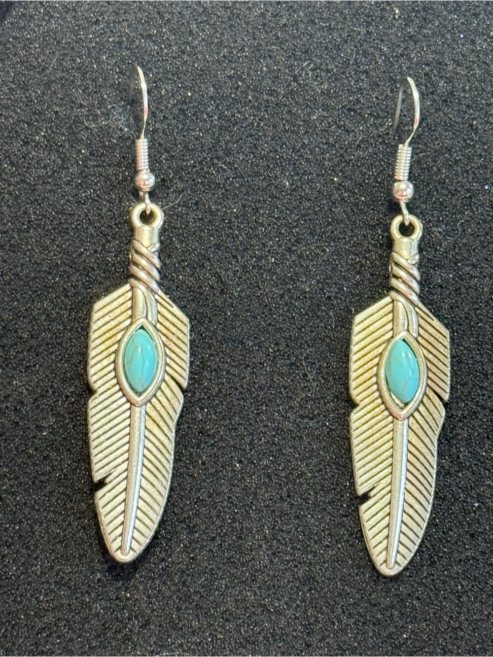 Dangle Turquoise and Silver Feather design Earrings